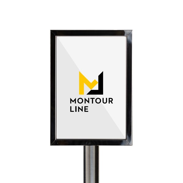 Montour Line Sign Frame Floor Standing 11x14V Satin Steel PLEASE WAIT NEXT CASHIER FSE200-1114-V-SS-PLSWAITCASH